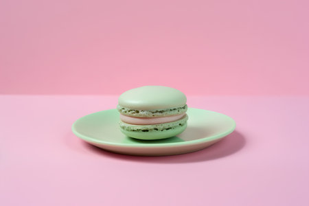 Green macaroon on pastel pink background. Minimal creative conceptの素材