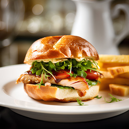 Grilled chicken sandwich with french fries and arugula on white plateの素材