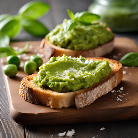 Toasted bread with avocado spread and green peas on wooden board, closeupの素材