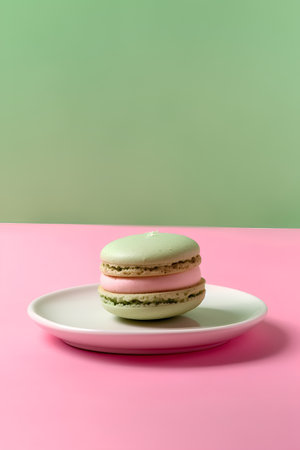 Colorful macaroons on pink and green background. Minimal style.の素材