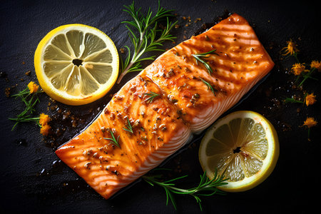 Salmon fillet with lemon and rosemary on a black backgroundの素材