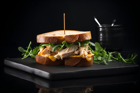 Sandwich with chicken, cheese and arugula on black backgroundの素材