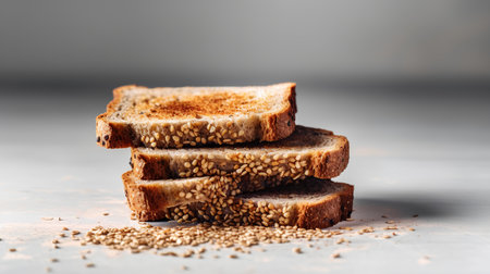Slices of bread with sesame seeds on a gray backgroundの素材