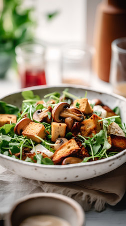 Fresh salad with mushrooms, arugula, cheese and croutonsの素材