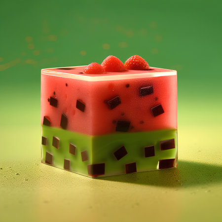 Strawberry pudding on green background. 3d render illustration.の素材
