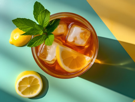 Glass of iced tea with lemon, mint and ice cubes on colorful backgroundの素材