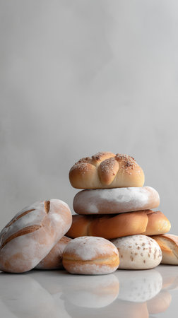Assortment of baked bread on grey background. Bakery concept.の素材