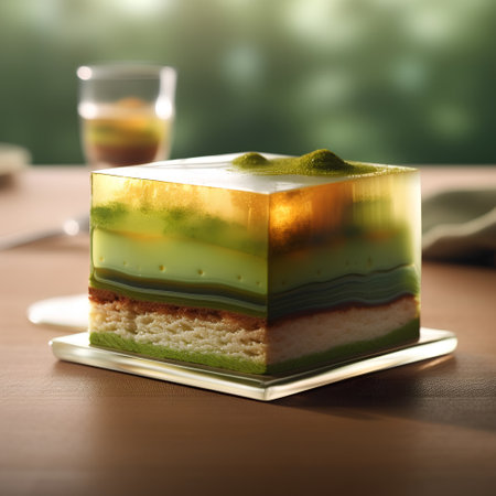 Green tea cake on a wooden table with green bokeh backgroundの素材