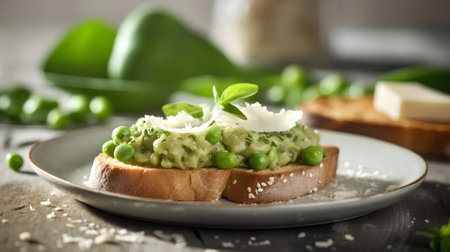 Toast with green peas and feta cheese on a wooden backgroundの素材