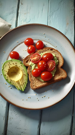 Toast with avocado, cherry tomatoes and sesame seeds on blue wooden backgroundの素材