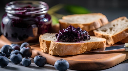 Bread with blueberry jam and fresh berries on a wooden boardの素材