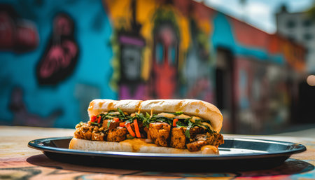 Sandwich with chicken and vegetables on a black plate. Street food.の素材