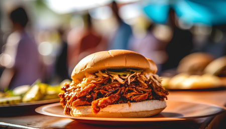 Close up of hamburger on plate with blurred people in background.の素材