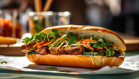 Grilled pork tenderloin with vegetables in a bun on the tableの素材