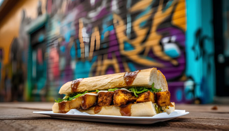 Sandwich with chicken, cheese and vegetables on wooden background. Selective focus.の素材