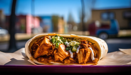 Traditional mexican burrito with meat and vegetables on the tableの素材