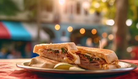 Tasty sandwiches with tuna, cheese and herbs on a plate.の素材