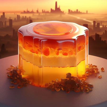 abstract scene with cube of honey on the background of the cityの素材
