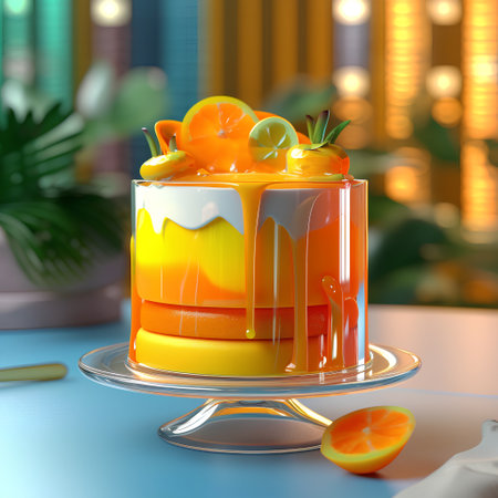 3d illustration of a cake with fruits on a glass stand.の素材