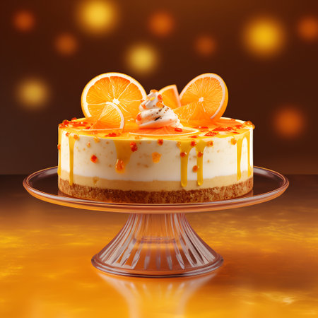 Orange cake on a cake stand with orange slices. 3d renderingの素材