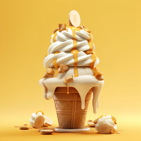 Ice cream in waffle cone on yellow background. 3d illustrationの素材