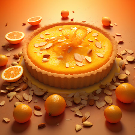 Orange tart with orange slices on orange background. 3d illustration.の素材