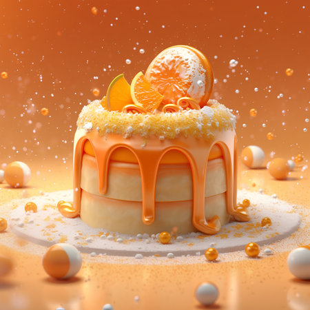 Cake with orange and cream on orange background. 3d renderingの素材