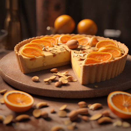 Orange cake with almonds and tangerines on a wooden background.の素材