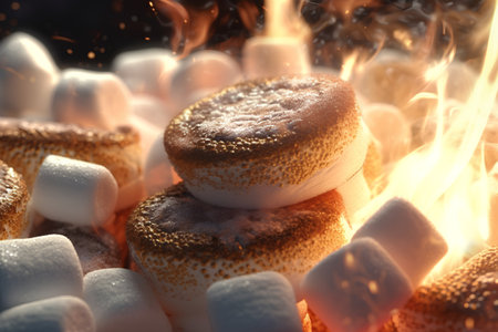 Hot chocolate with marshmallows on fire background, close-upの素材