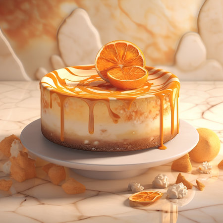 Delicious orange cheesecake with whipped cream and caramel sauce. 3d renderingの素材