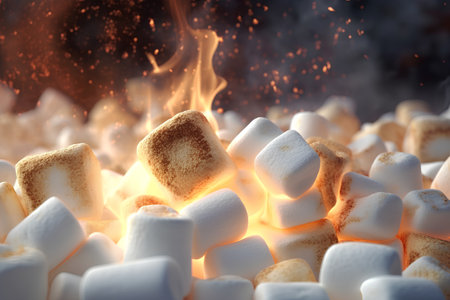 Hot chocolate with marshmallows on fire background, close-upの素材
