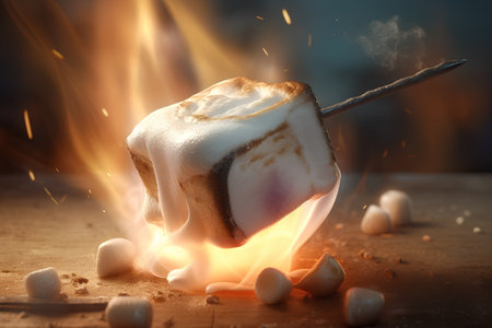 Burning marshmallow on a stick on a wooden table with a burning backgroundの素材