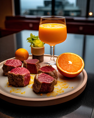 Slices of beef with orange juice on a plate on the tableの素材
