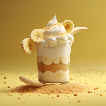 Banana dessert in a glass with whipped cream on a yellow backgroundの素材