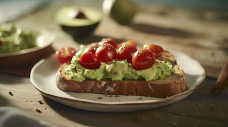 Avocado toast with cherry tomatoes on rustic wooden background. Toned.の素材