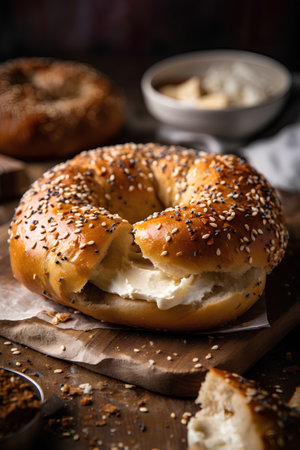 Bagel with cream cheese and sesame seeds on rustic wooden backgroundの素材