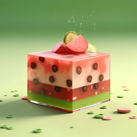 3d illustration of watermelon dessert on green background with falling dropsの素材