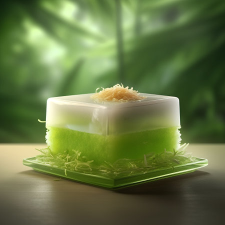 Green soaps with coconut flakes on a wooden table with bamboo backgroundの素材