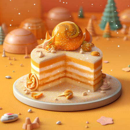 3d render of christmas cake with snowflakes on orange backgroundの素材