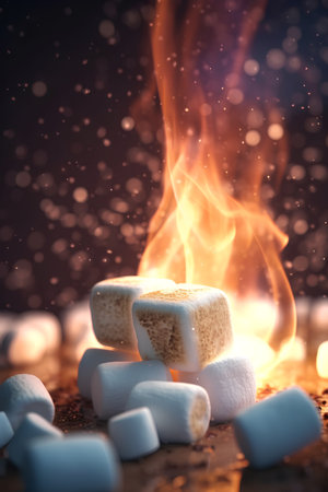 Marshmallows on a black background with fire and bokehの素材