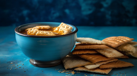 Soup with crackers in a blue bowl on a blue background. Selective focus.の素材