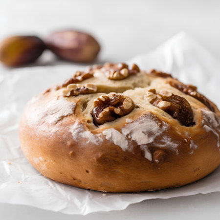 Bun with raisins and nuts on a white background.の素材