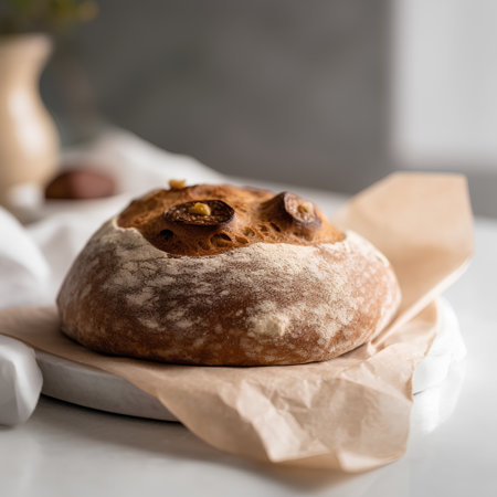 Fresh baked homemade bread with raisins and nuts on a wooden boardの素材