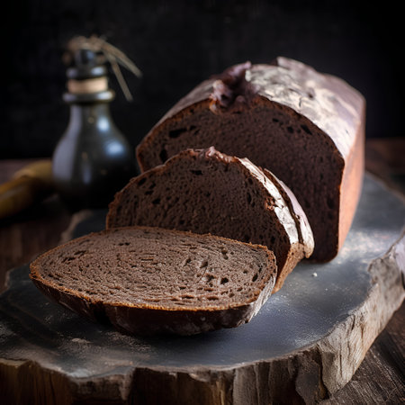 Sliced rye bread on wooden board. Dark rustic style.の素材