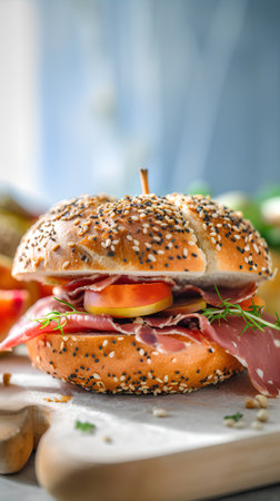 Sandwich with prosciutto, tomato and cucumber.の素材