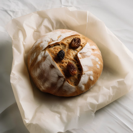 Raisin bread with raisins on crumpled paperの素材