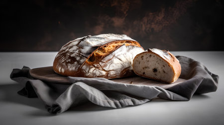 Freshly baked sourdough bread on a cutting board on a dark backgroundの素材