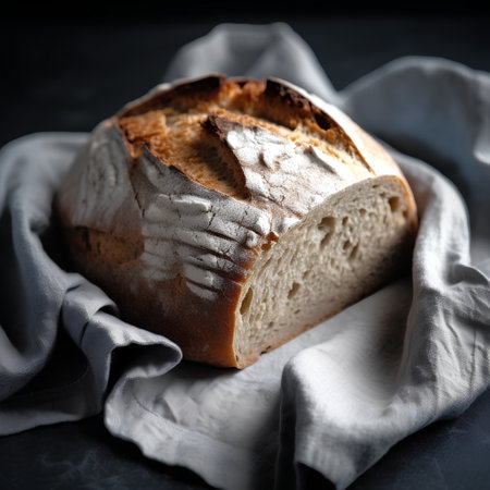 Freshly baked sourdough bread on a dark background, selective focusの素材