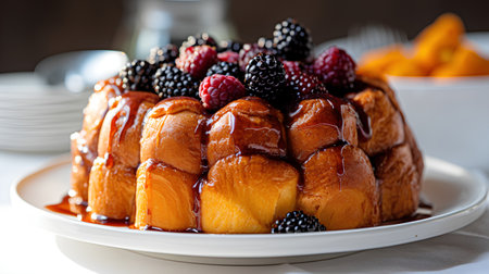 French toast with honey and fresh berries on a white plate, selective focus.の素材