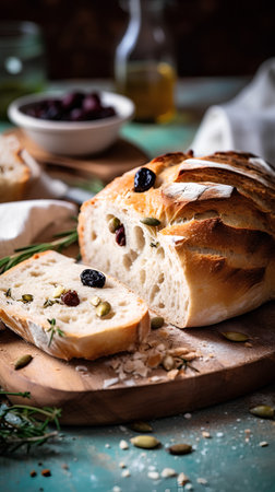 Fresh homemade bread with raisins, olives and rosemaryの素材
